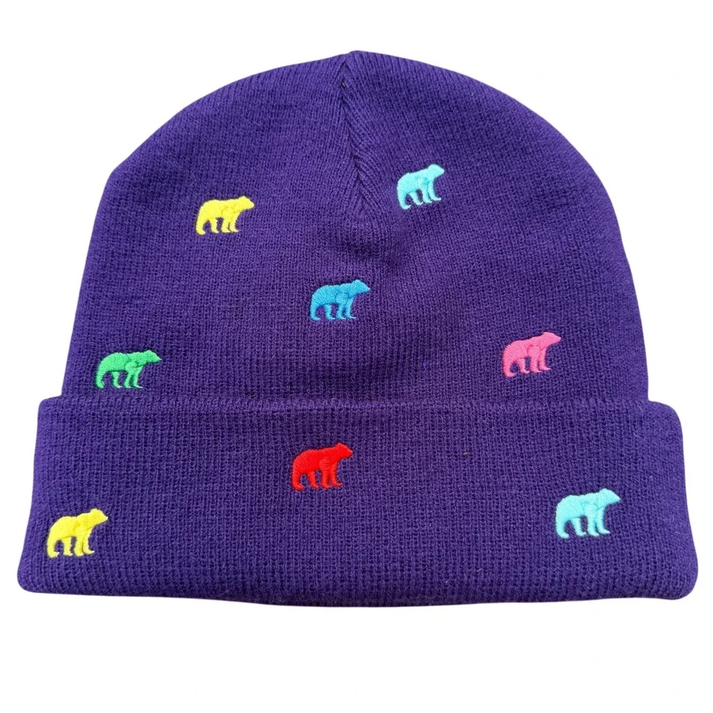 L.L.Bean Purple Polar Bear Embroidered Knit Beanie Hat One Size Multicolor Cuff